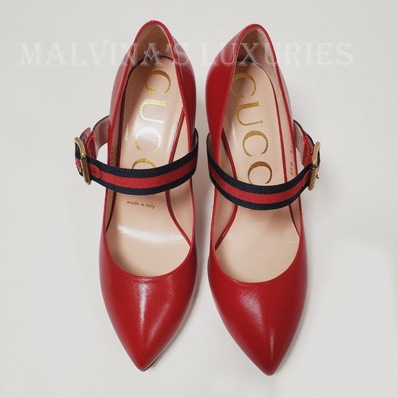 GUCCI SHOES SYLVIE WEB RED LEATHER MARY JANE PUMPS HEELS sz IT 36 US 6 - Picture 5 of 12